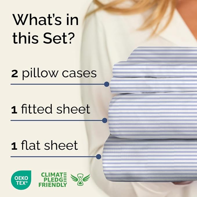 Light Blue and White Striped Sheets - 1 Flat & 1 Fitted Sheet & 2 Pillowcases w/ Deep Pockets - Wrinkle & Fade Resistant - Ultra-Soft, Breathable & Cooling - Luxury Pinstripe Bedding - Full Size