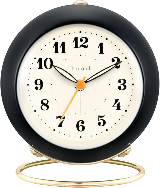 Tinload Analog Alarm Clock, Retro Simple Design Small Desk Clock with Manual Light, Battery Operated, Snooze, for Kids,Bedroom,Travel,Kitchen,Bedside Desktop(Black)