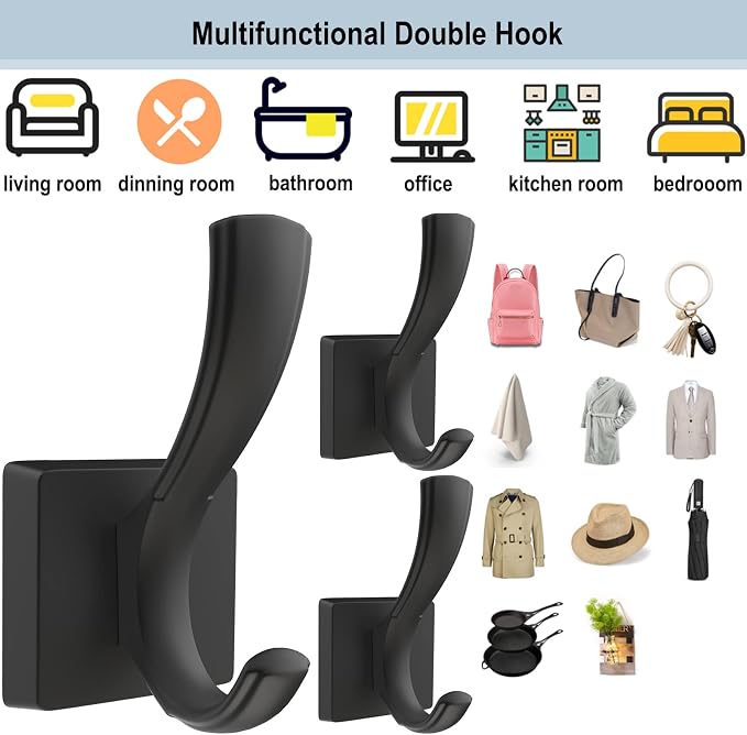 TOFIIGREM Black Hooks for Wall Towel Hooks, Heavy Duty Thick Aluminum Alloy Entryway Coat Hooks for Hanging Key Robe Hat Backpack, Wall Mount Towel Hooks Bath Kitchen Garage Hooks(4 Pack, Black)