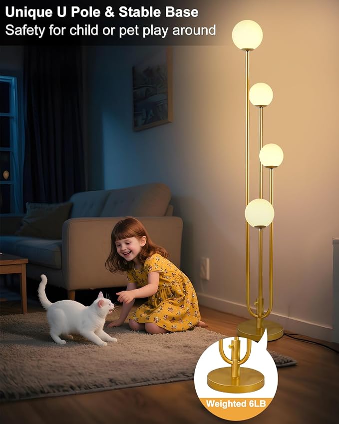 63IN 4-Light Dimmable Floor Lamp, Unique Gold Tall Standing Lamps with 3000K Bulbs for Reading, Mid Century Modern Floor Lamp with 5Lbs Heavy Base for Living Room Bedroom Home Office