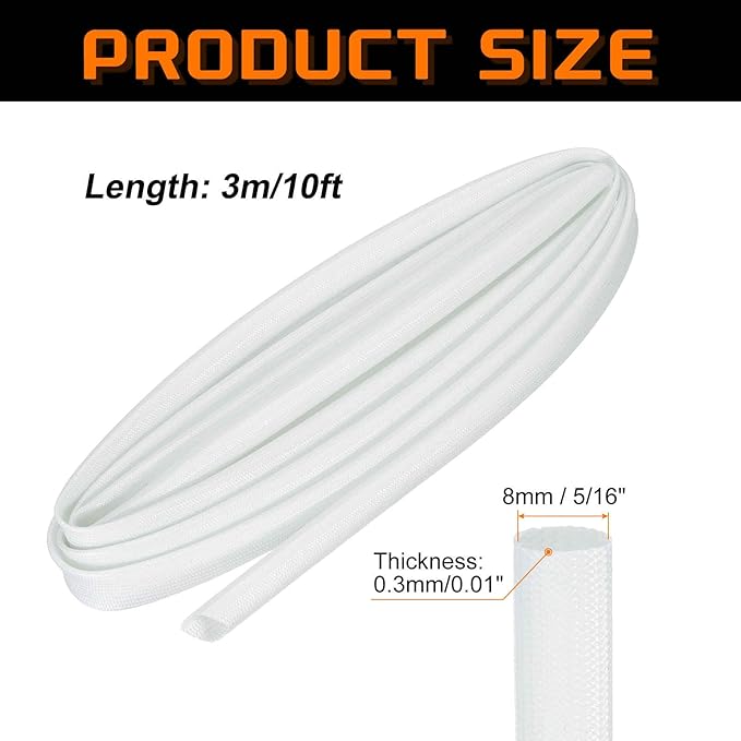 MECCANIXITY 10ft Braided Cable Sleeve, 5/16" ID 200C High Temperature 1500V Fiberglass Wire Insulation Cord Protector Organizer Wires Management for Motor Engine Fuel Line, White