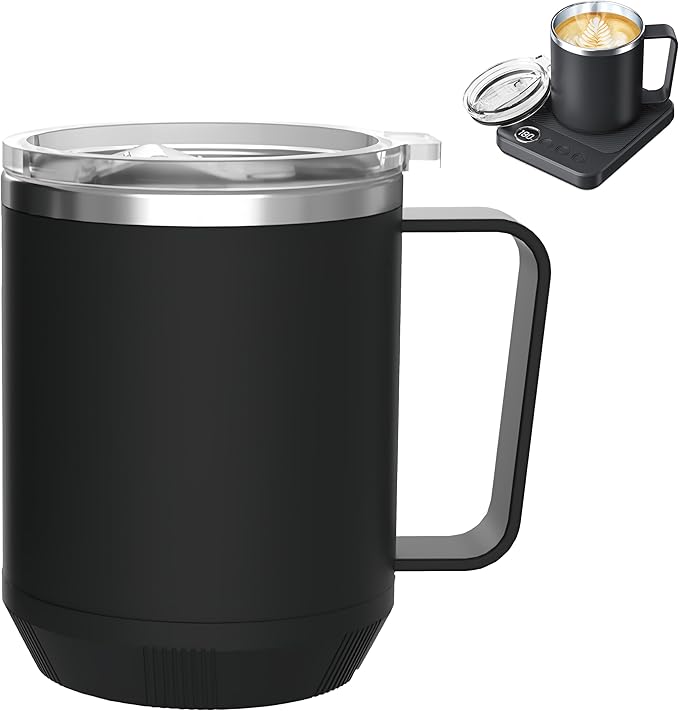 Felibeaco 16oz Heated Coffee Mug with Flat Bottom for Rapid Heating, Stainless Steel Heated Coffee Cup Suitable for Different Coffee Mug Warmer/Heaters, Heated Mug/Cup for Home and Office Desk,Black