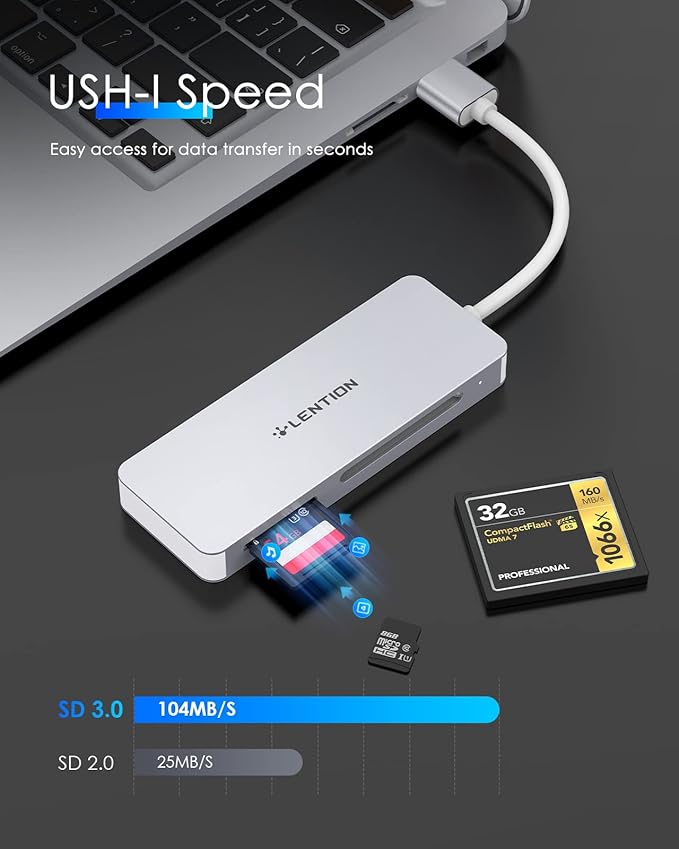 LENTION USB 3.0 to CF/SD/Micro SD Card Reader, SD 3.0 Card Adapter for SDHC/SDXC/MMC/RS-MMC/Micro SDHC/Micro SDXC/CF Type I, Compatible Windows, MacOS, ChromeOS, More (CB-H12, Silver)