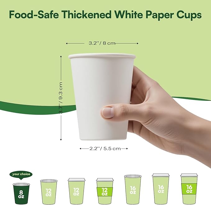 Finepak White Paper Cups 8 oz Disposable Coffee Cups, 300 Pack BPA Free Hot Cups, 300GSM Thickened White Disposable Cups, Bulk Small Drink Cups for Everyday Office Coffee Bar Supply Party Essentials