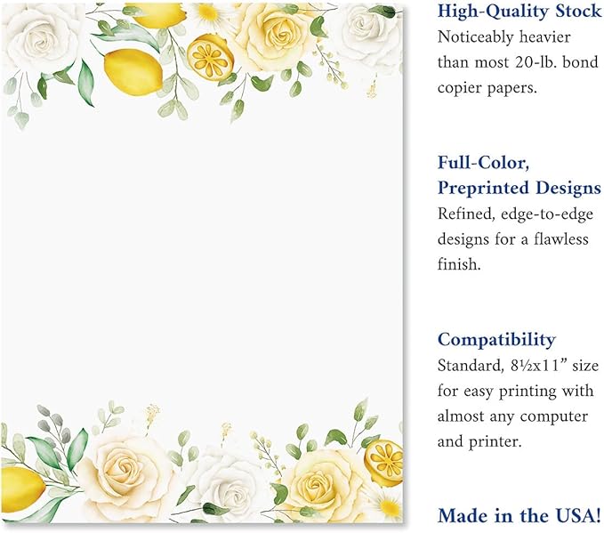 Current Lemon Floral Letter Paper - Spring Stationery Papers With Decorative Flowers and Lemon Border, Printable Holiday, Wedding & Bridal Shower, & Invitation Sheets, Set of 25, 8 1/2" x 11"