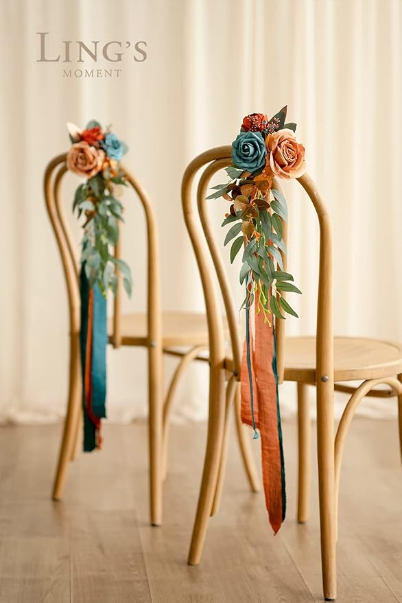 Ling's moment 8pcs Wedding Artificial Aisle Pew Flowers Chair Decorations Arrangements with Chiffon Ribbons Burnt Orange for Ceremony Chair Back Floral Decor Reception Church Party Outdoor