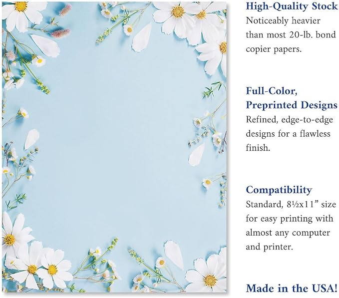 Current Shasta Daisy Floral Letter Paper - Spring Stationery Papers With Decorative Shasta Daisy Border, Printable Holiday, Wedding & Bridal Shower, & Invitation Sheets, Set of 25, 8 1/2" x 11"