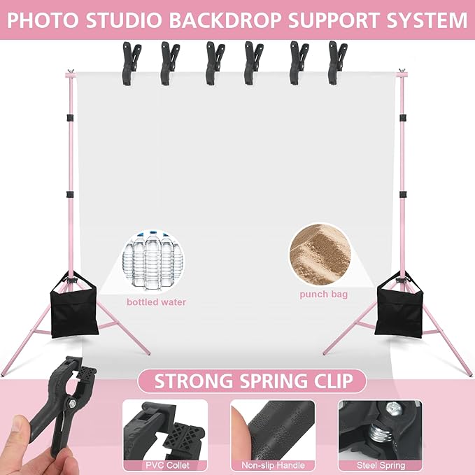 Backdrop Stand 10x7ft(WxH) Photo Studio Adjustable Background Stand Support kit with 2 Crossbars, 6 Clamps, 2 Sandbags and Carry Bag for Parties, Events Decoration, Wedding, Photography (Pink)