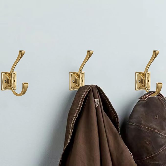 5 Pack Decorative Heavy Duty Towel Hooks for Hanging Robe Double Champagne Bronze Coat Hooks Wall Mounted with Screws for Key, Towel, Bags, Cup, Hat
