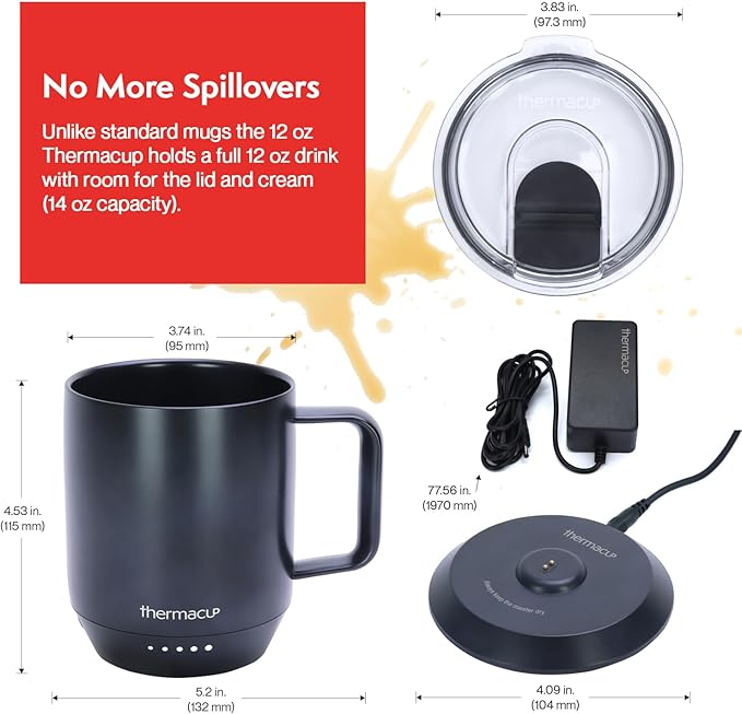 THERMACUP Mega 8-Hour Battery Self-Heating Coffee Mug with | Temperature Controlled Steel Smart Mug with Lid, 14oz (12oz with Lid) | Perfect Holiday Gift for Coffee & Tea Lovers