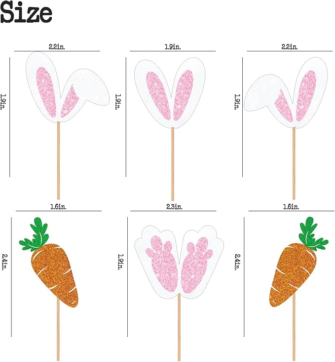 24pcs Easter Bunny Ear Cupcake Toppers, Glitter Rabbit Ears Cupcake Picks, EaSter Day Cake Toppers for Easter Theme Spring Birthday Baby Shower Party Decorations