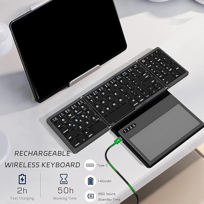 XUZHID Foldable Wireless Keyboard with Large Touchpad and Numeric Keypad Auto Sleep for Tablets, Smartphones, Laptops