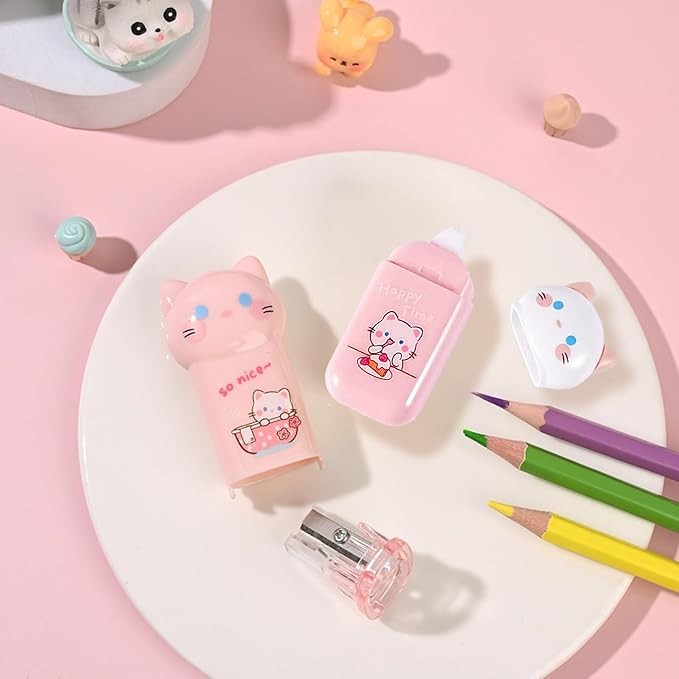 9Pcs Pink Cute Cat Stationery Gifts Set School Supplies Kawaii Japanese Stationery Christmas Birthday GIFS Includes Pencil Sharpener Highlighter Correction Tape Pens Ruler for Office School Supplies