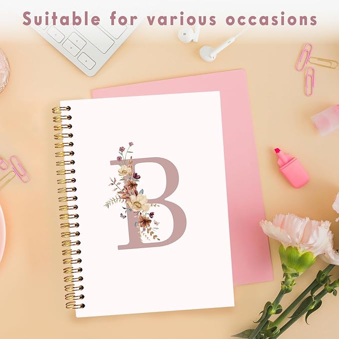 Lacama Pink Initial Letter B Notebook, Aesthetic Wildflower Personalized Journal Spiral Notebook, Customized Monogrammed Gifts, Birthday Gifts for Women, School Supplies, Office Supplies 5.5x8.3