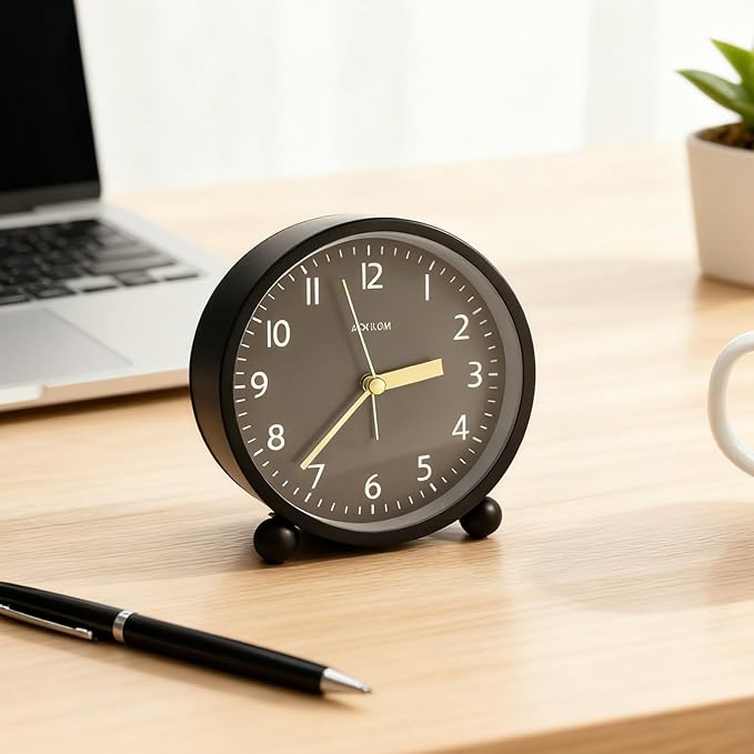 AOKILOM Analog Alarm Clock, Non-Ticking Silent Travel Small Clock, Battery Operated with On-Demand Light, Easy Set Gentle Wake, Ideal Decor for Bedroom, Bedside, Desk,Office (Black)