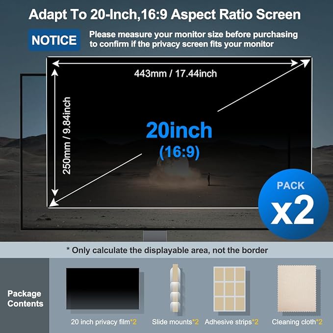 JEAPKA [2-Pack] 20 Inch Privacy Screen for Monitor Computer Screen Privacy Filter for 16:9 Widescreen Monitor Desktop PC Monitor Privacy Film Monitor Privacy Shield and Anti-Glare Protector