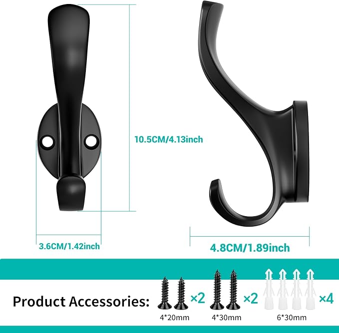 Coat Hooks Heavy Duty - Easy to Install Metal Towel Hooks Screw-in Wall Hooks for Hanging Hat, Towel, Key, Robe, Scarf, Bag, Cap (8 PCS Black)