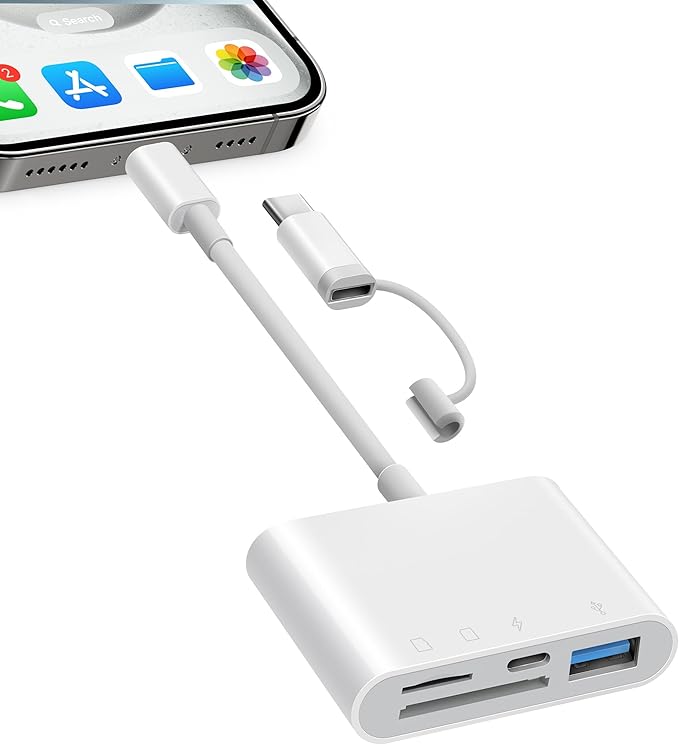 SD Card Reader for iPhone iPad, 4 in 1 Micro SD/SD Card Reader to iPhone Adapter, SD Card Viewer with TF/SD Dual Slot, Portable Camera Memory Card Reader for iPhone with Charging Port, Plug and Play