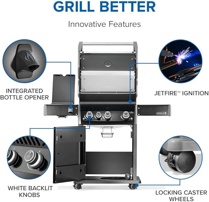 Napoleon Rogue PRO 425 Propane Gas Grill with Infrared Side Burner, Black, Durable 4-Burner Backyard Grill