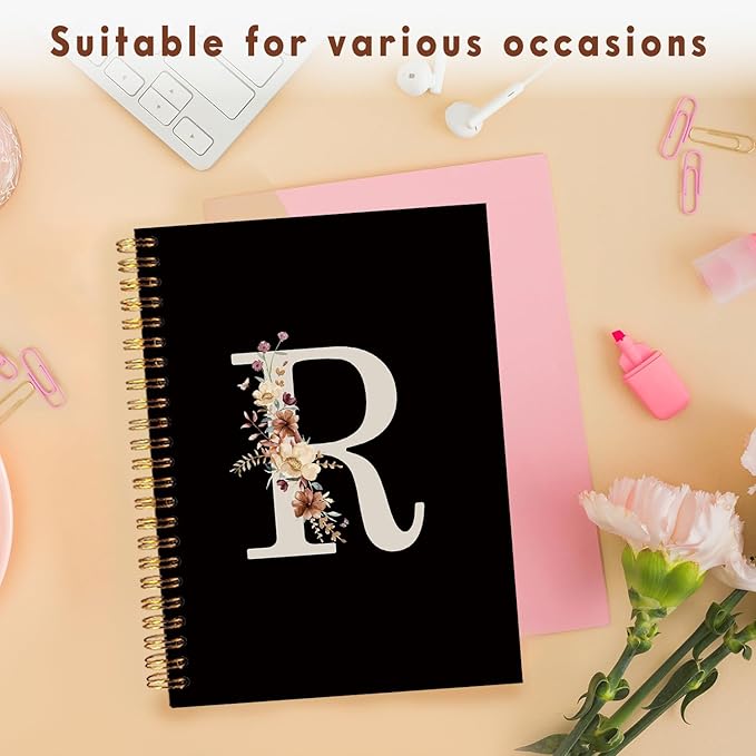 Lacama Black Initial Letter R School Notebook Journal, Cute Wildflower Personalized Spiral Notebook, School Supplies, Customized Monogrammed Gifts, Birthday Gifts for Women, Office Supplies