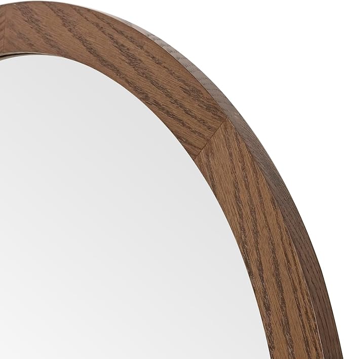 ARIEL Round Wooden Mirror 36" in Brown Oak, Wood Circle Wall Mirror for Bathroom, Vanity, Entryway & Living Room Decor, Farmhouse Style