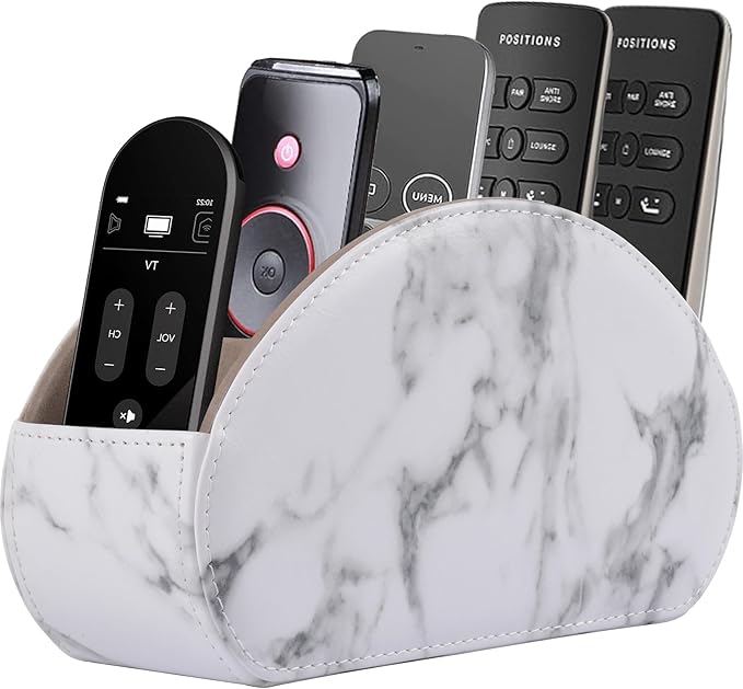 RHCSZ Leather Remote Control Holder with 5 Compartments TV Remote Caddy Store Box,Desktop Organizer for Controller, Glasses and Media Player,Pen Storage (White)