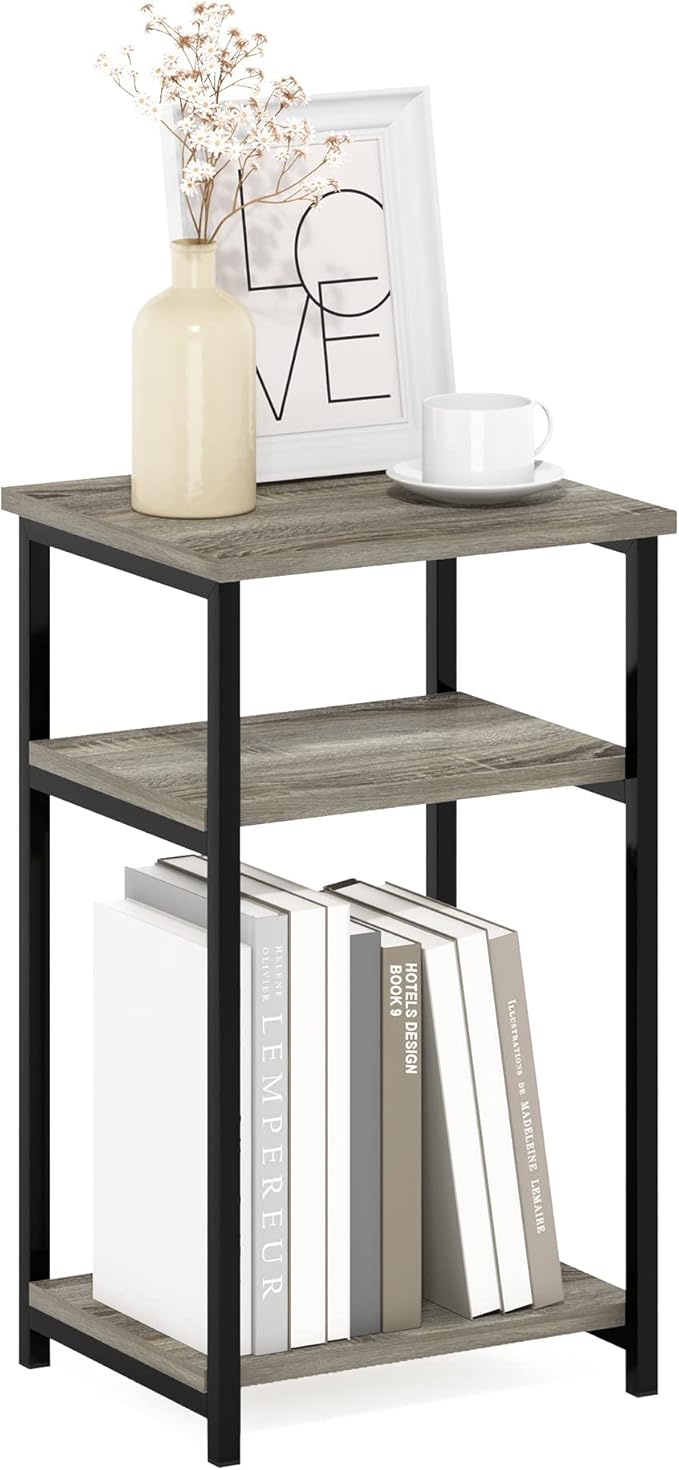 Furinno Just 3-Tier Metal Frame End Table with Storage Shelves, 1-Pack, French Oak