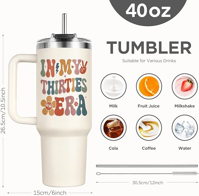 Shqiueos 30th Birthday Gifts for Women 40oz Tumbler with Handle and Straw Lid, 30 Year Old Gifts for Her, Best Friend, Sister, Daughter, 30s Birthday Decoration-In My Thirties Era Cup Water Bottle