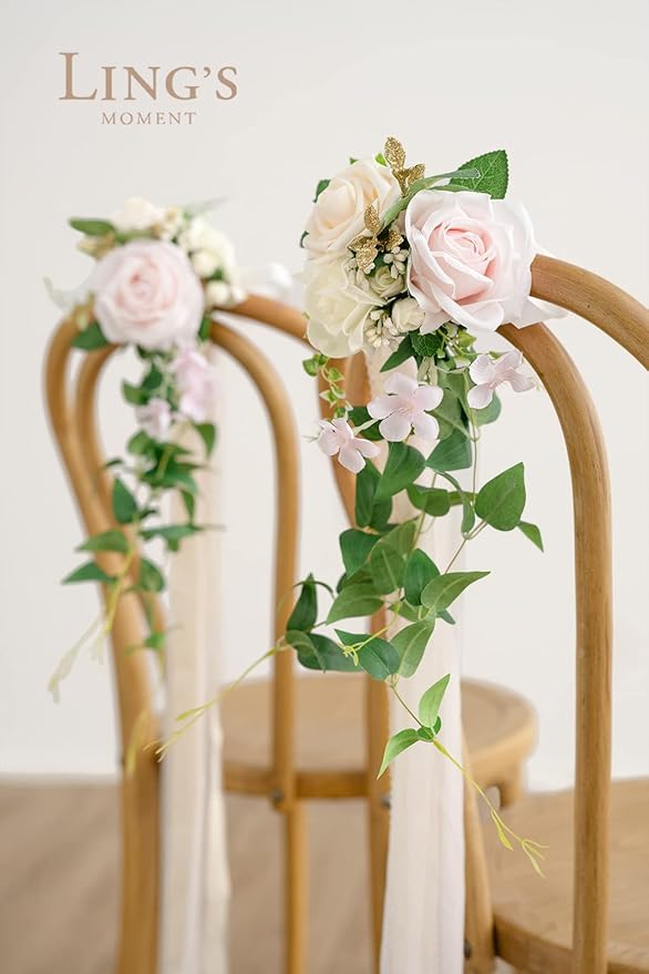 Ling's moment 8pcs Wedding Artificial Aisle Pew Flowers Chair Decorations Arrangements with Chiffon Ribbons Blush Pink Cream for Ceremony Chair Back Floral Decor Reception Church Party Outdoor