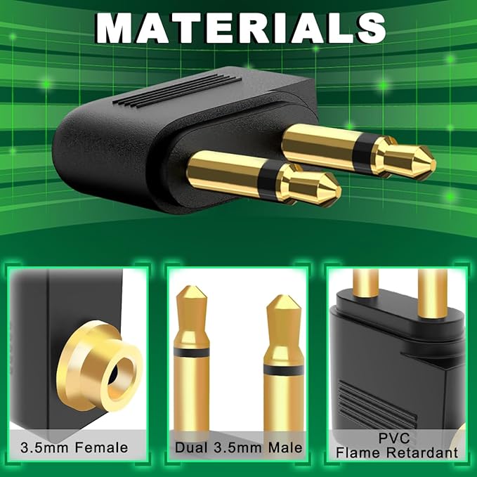 MKBKLLJY 5PCS Dual 3.5mm Male to 3.5mm Female Airplane Headphone Adapter Gold Plated Plug Socket Jack Stereo Aux Connectors Converters with Cable Tie, for Most Airline Dual Audio Jack