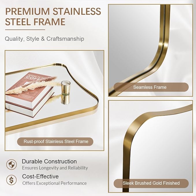 ANDY STAR 24x40 Inch Mirror, Brushed Gold Bathroom Mirror for Over Sink, Large Decorative Wall Mirror with Stainless Steel Frame, Anti-Rust, Italian Luxury Style Home Decor