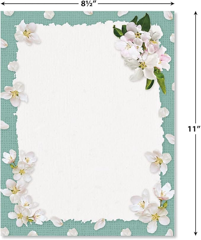 Current White Spring Bloom Floral Letter Paper - Spring Stationery Papers With Decorative Bloom Border, Printable Holiday, Wedding & Bridal Shower, & Invitation Sheets, Set of 25, 8 1/2" x 11"