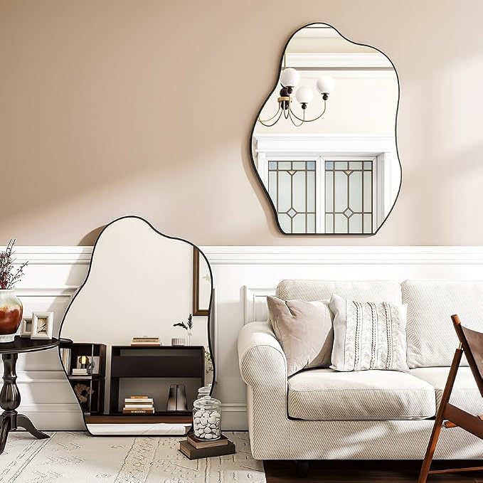 BEAUTYPEAK Asymmetrical Mirror, 26 x 40 Inches Irregular Wall Mirror, Wood Frame Unique Shape Wall Mounted, Decorative for Living Room Bedroom Entryway Hallway