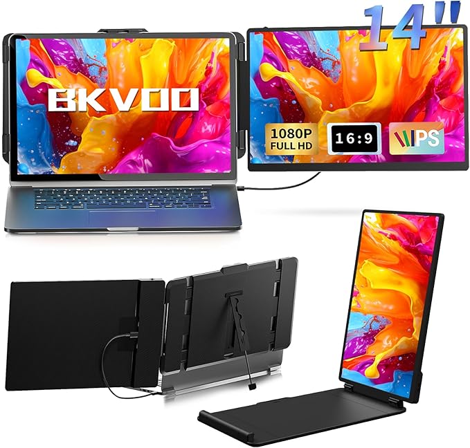 BKVOO Laptop Screen Extender Travel Monitor - 14" Dual Portable Monitor IPS FHD 1080P Travel Work Extra Screen Plug and Paly USB-C HDMI Port Compatible with Wins Mac Chrome Dex Fits 13-17" Laptops
