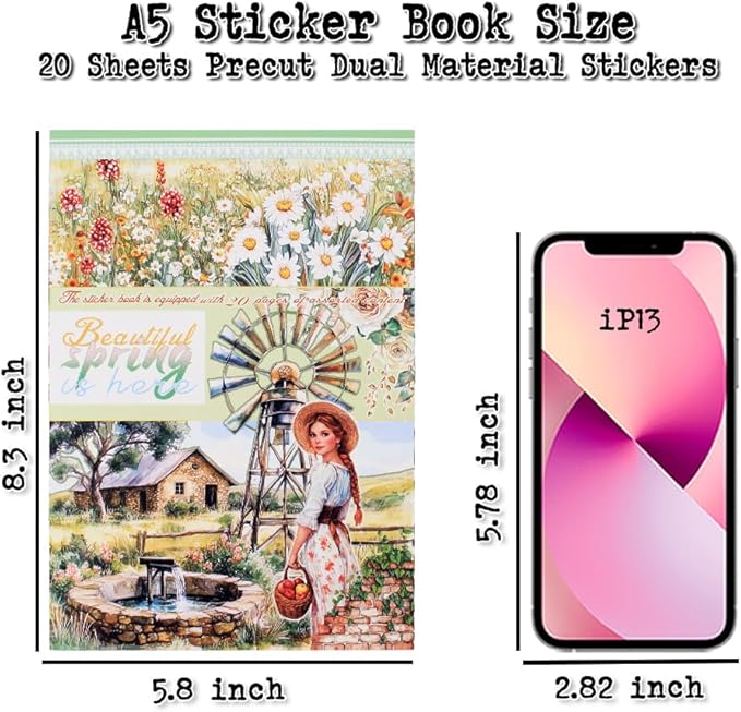 Dwpetzo Spring Cottage Scenery Scrapbook Stickers, 20 Sheets A5 Pre-Cut PET Washi Stickers Book for Journaling, Junk Journal Supplies, Bujo, Collage, Crafts Arts