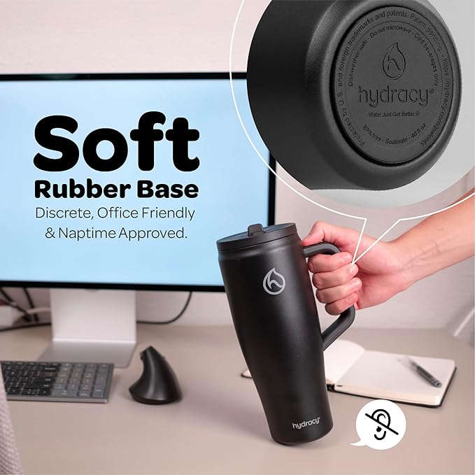 Hydracy 40 oz Tumbler with Handle and Straw, Stainless Steel Insulated Travel Cup with No Spill Rotatable Flip Lid for Left or Right Hand Use, Rubber Base, Fits in Cup Holder - Sexy Black