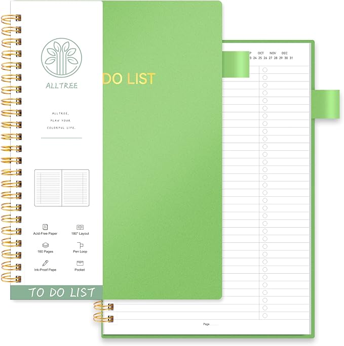 ALLTREE To Do List Notepad Spiral Planner, Daily Task Tracker with Wide Lined Notebooks, Work Planner with Pocket, Pen Loop, 160 Pages, Green (7"x10")