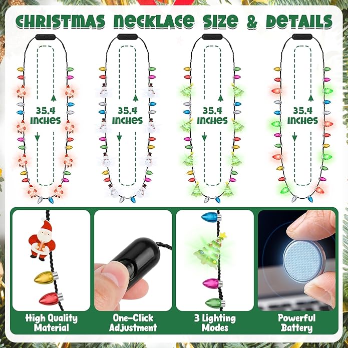 Christmas Neckalce Light up, 8 Lighting Bulbs Light Christmas Neckalce Bulk with 3 Glow Styles, Snowman Strawberry Santa Tree Neckalces for Xmas Party Decorations Favors