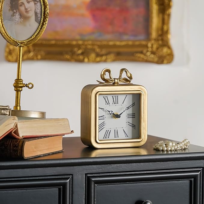 NIKKY HOME Gold Table Clocks, Table Clock Decor with Bow Metal Desk Clock Vintage Desk Clocks Silent Non-Ticking Battery Operated Decorative Shelf Clock for Living Room Bedroom