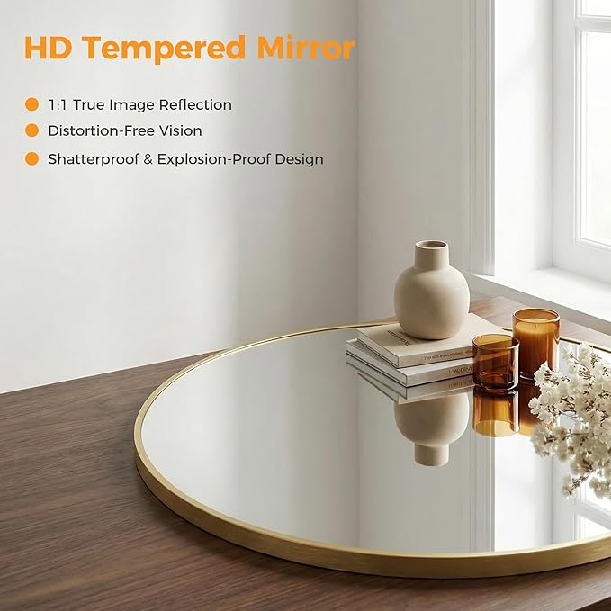 30 Inch Gold Round Bathroom Wall Mirror, Round Mirrors for Wall Decor, Circle Mirror for with HD Shatter-Proof Glass for Entryway, Living Room, Bedroom, Dressing Room, Home Decor