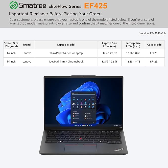 Smatree EliteFlow Laptop Sleeve Case for 14 inch Lenovo ThinkPad E14 Gen 4, for Lenovo IdeaPad Slim 3 Chromebook, Laptop Case with Pocket and Handle, Patented Super-Corner Shock Protection (EF425)