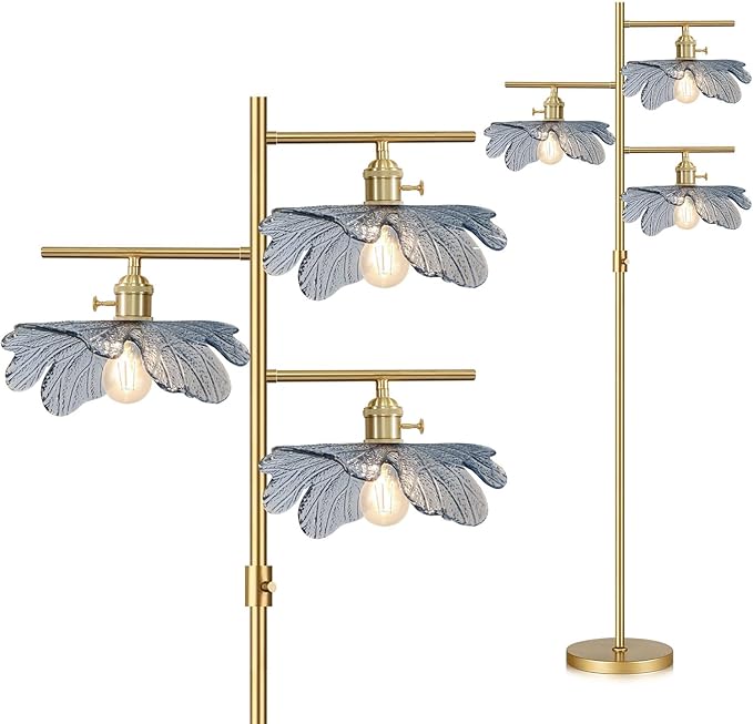 Gold Dimmable floor lamp ,tall lamp for living room corner ,mid century modern floor lamp Brass Tree Lamp Blue Glass Shade ,Standing Lamps vintage retro floor light for Bedroom corner Study Office