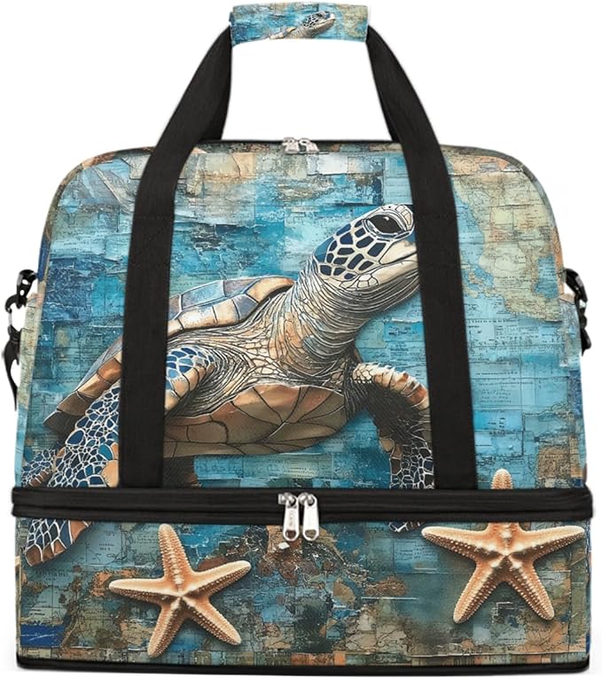 Foldable Travel Duffel Bag for Women - Carry on Personal Item Bag with Shoes Compartment, Weekender Overnight Duffle Bags Sport Tote Gym Luggage for Airplanes Traveling(Turtle)