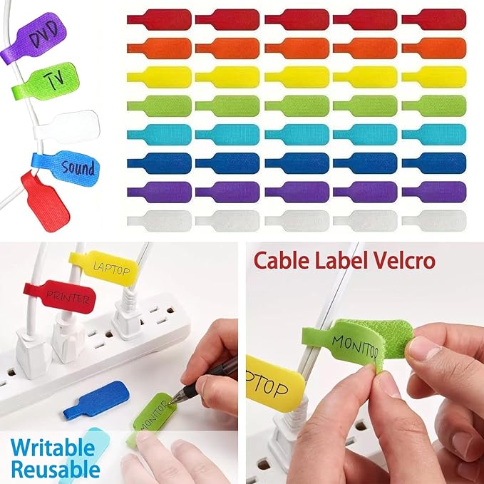 40 Pcs Cable Labels, Write On Cord Labels Tags for Electronics,Cable and Wire Tags,Reusable Large Size Plastic Velcro Label for Charging Cords Management and Identification (8 Colors)