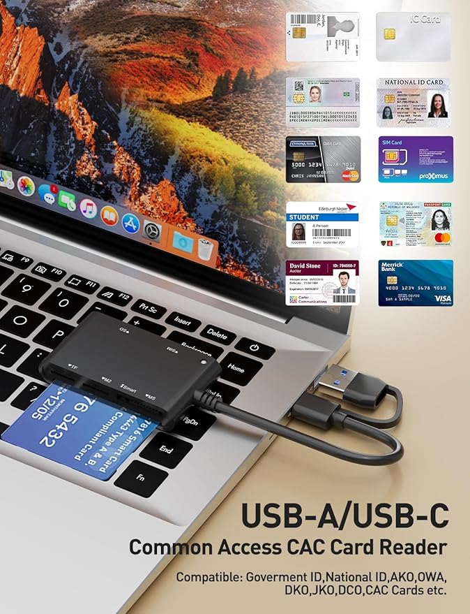 Type C/USB SIM Card Adapter - 7 in 2 CAC Smart Card Reader Military, MS Pro Duo/SD/TF/M2/ID/IC/PIV/SIM Card Reader, Memory Stick Pro Duo Adapter SIM Card Reader for Computer,PC,Windows,Linux,MacOS