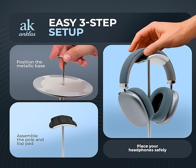 ak anklas Headphone Stand for Desk – Premium & Minimalist Headset Holder with Round or Oval Base for Gaming, Office & Home (Silver Rubber, Standard)