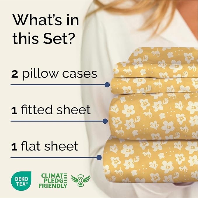 Floral Sheets - Yellow Floral Bed Sheet Set - 1 Flat, 1 Fitted & 2 Pillowcases w/ Deep Pockets - Wrinkle & Fade Free - Boho Botanical Bedding - Ultra-Soft, Breathable and Cooling - Cal King Size Set