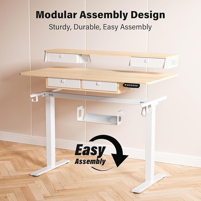 Electric Standing Desk with 4 Drawers 55''x 24'' Adjustable Height Sit to Stand Up Desk with Storage Shelf, C-Clamp Mount Compatible Black Home Office Desks Computer Gaming Table Ergonomic Workstation