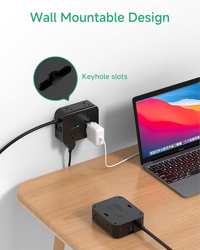 Power Strip Surge Protector - Flat Plug, Wall Mount, 6FT Extension Cord with Multiple Outlets, 8 Wide Outlets with 4 USB Ports (2 USB C), Charging Station Overload Protection Home Apartment Essentials