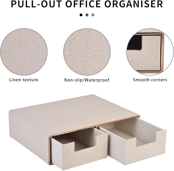 RHCSZ Linen Leather Desk Organizer with Drawers－Mini Desktop Drawer Organizer Stackable－Multifunctional Tabletop Organization Storage Box for Office Supplies Home Vanity Toiletries (Beige, 2-drawers)